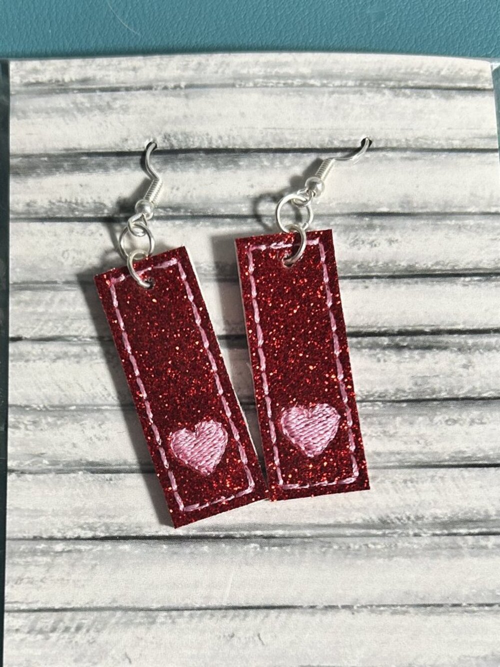 Red Glitter Faux Leather Embroidered Pink Heart Bar Dangle Earrings NWT
